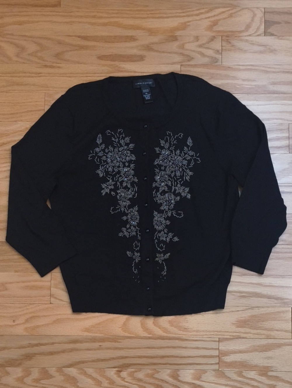 Cable & Gauge Black Cardigan Silver Floral Beads Size XL GU